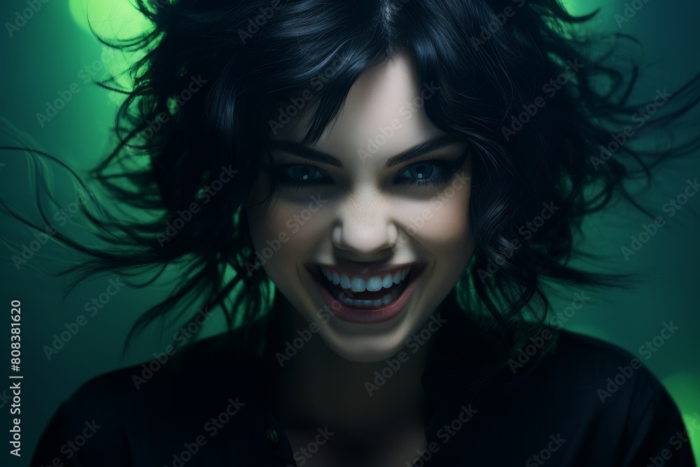 Smiling woman with dark hair and green background