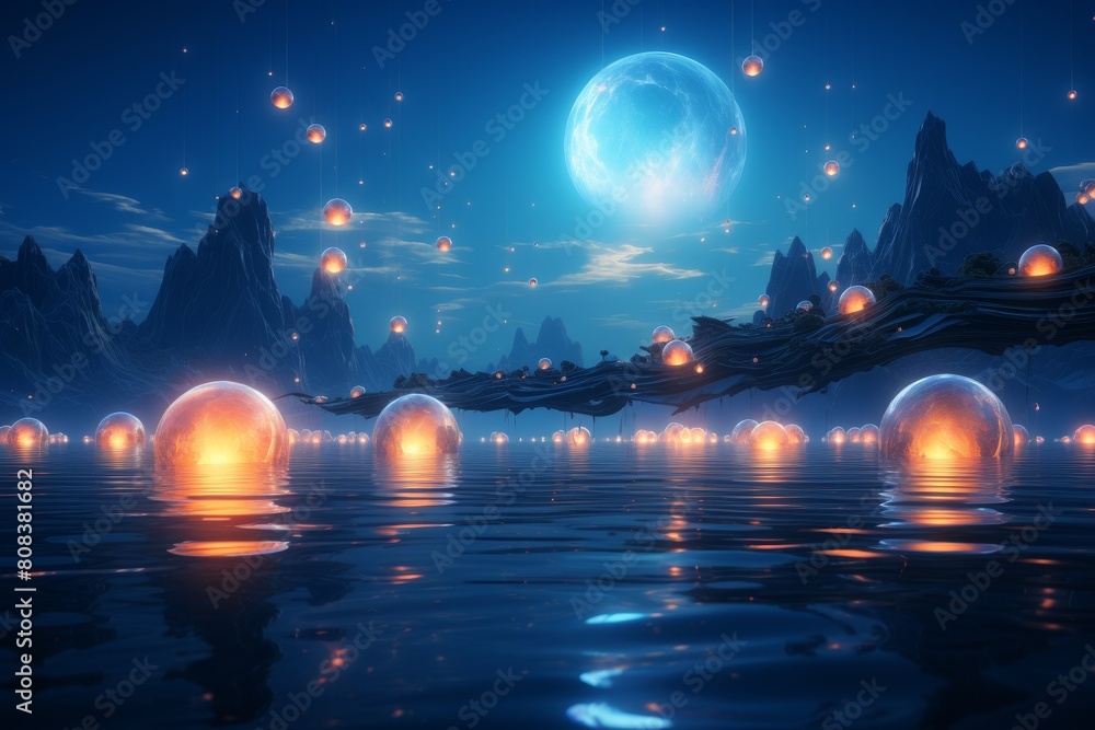 Magical night landscape with glowing spheres and mountains