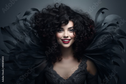 Mysterious woman with dark curly hair and red lips