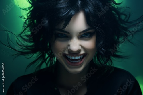 Smiling woman with dark hair and green background