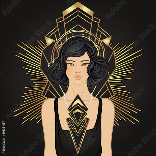 Retro fashion, glamour girl of twenties. Asian pretty woman. Vector illustration. Flapper 20s style. Vintage party invitation design template. Fancy asian lady.