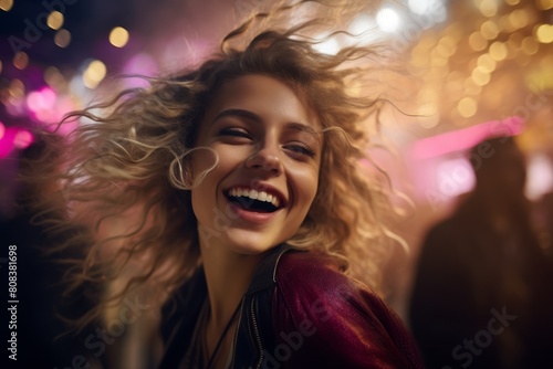 Joyful woman with windswept hair