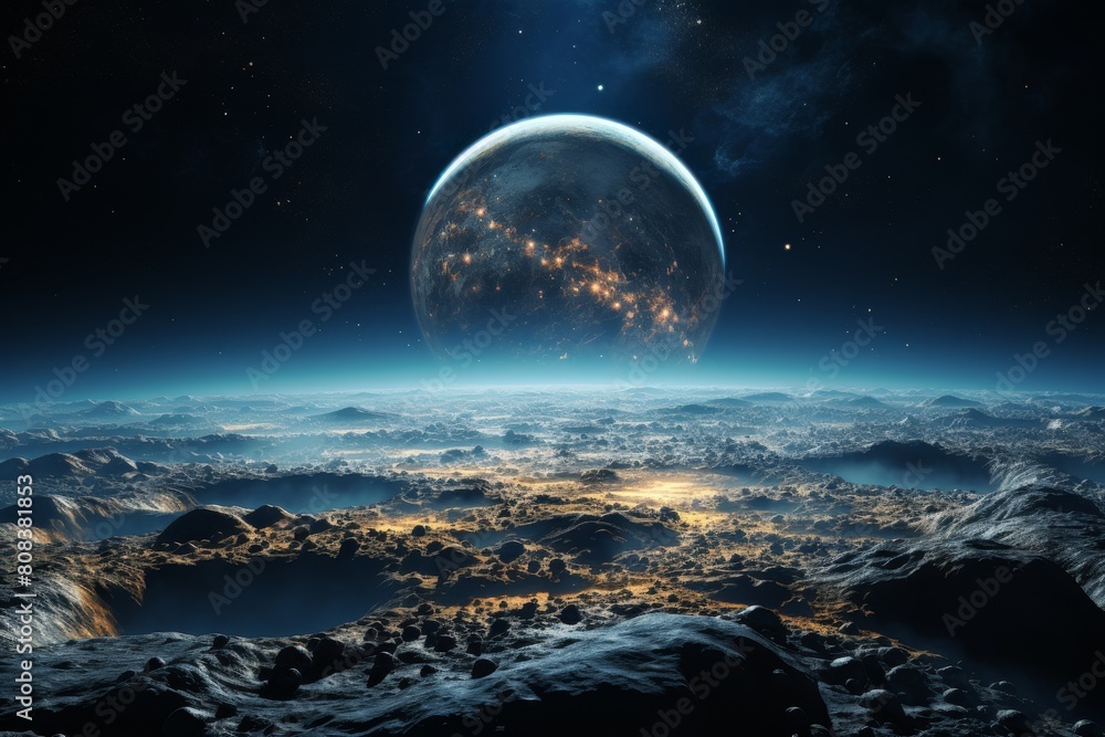 Stunning alien landscape with glowing moon