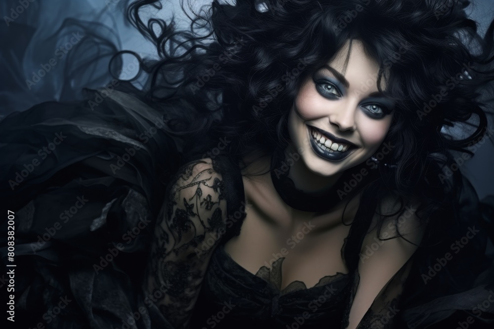 dark and mysterious woman with gothic makeup and curly black hair dark and mysterious woman with gothic makeup and curly black hair
