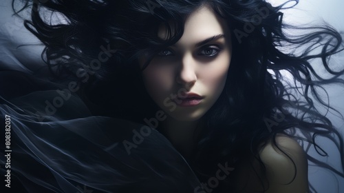 Mysterious dark-haired woman in dramatic lighting