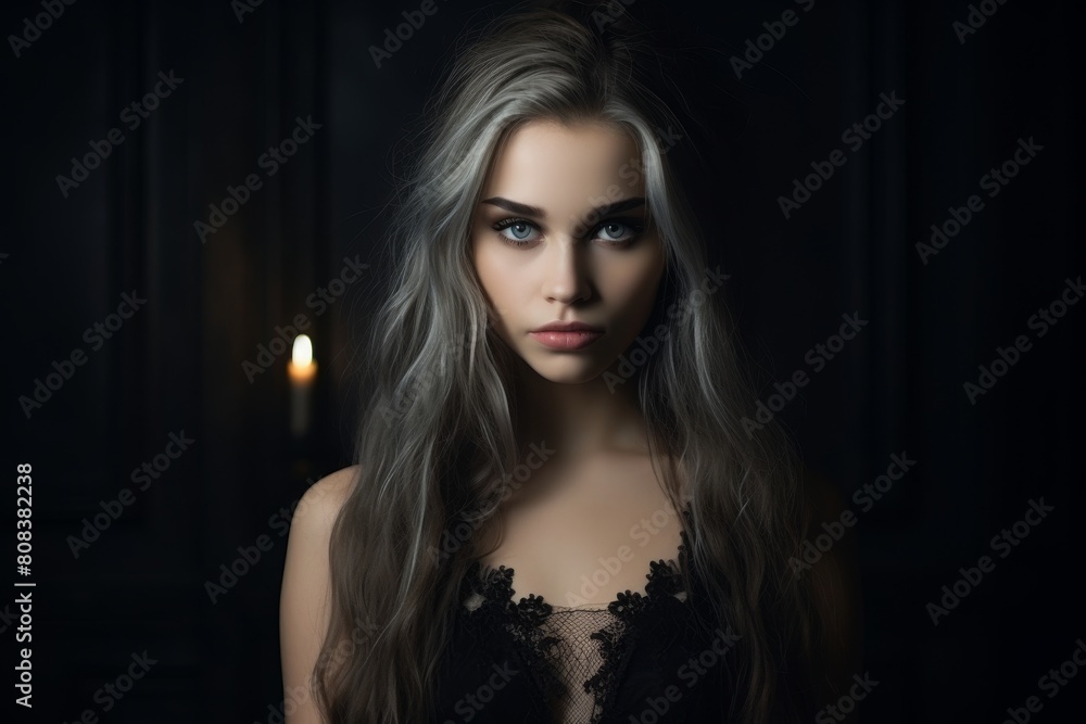 Mysterious woman with striking eyes and long silver hair Mysterious woman with striking eyes and long silver hair