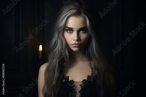 Mysterious woman with striking eyes and long silver hair