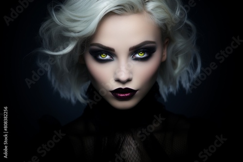 dramatic portrait of a woman with striking makeup and hair