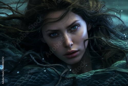 Mysterious woman with flowing dark hair in a fantasy underwater scene