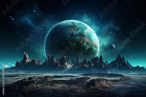 Alien planet landscape with giant moon