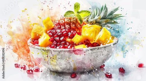 Vivid watercolor of a mixed fruit salad in a bowl, featuring a delightful combination of pineapple, mango, and pomegranate arils, each bursting with color photo