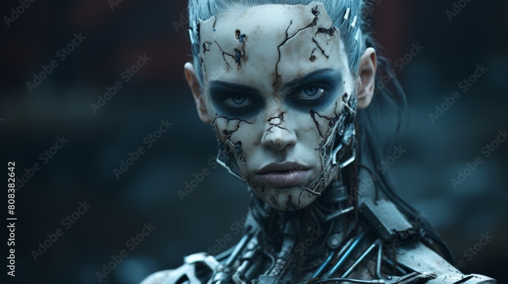 Futuristic cyborg with cracked face