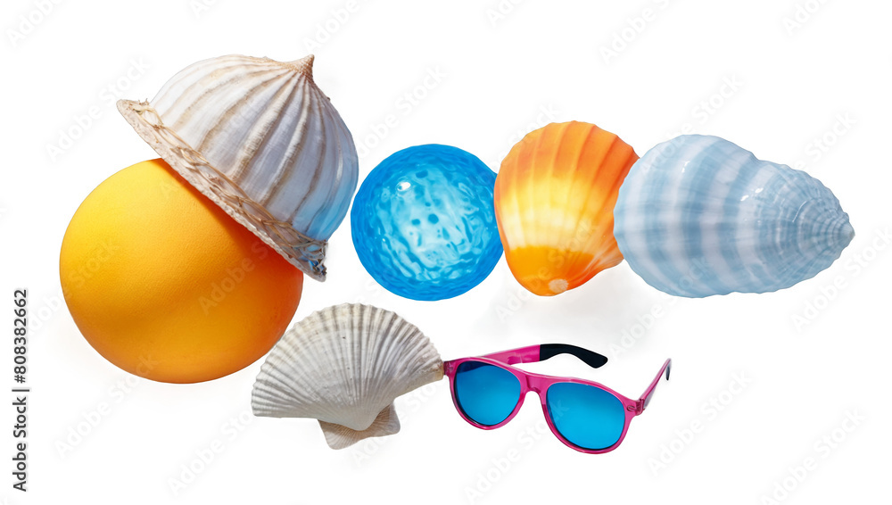 Fototapeta premium Collection of Summer Holiday Accessories, Isolated on Background, Beach Items for Swimming and Relaxation,