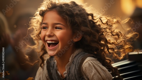 Joyful young girl with curly hair laughing