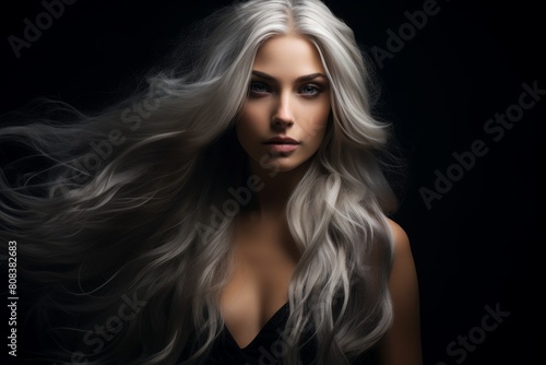 Dramatic portrait of a woman with flowing silver hair photo