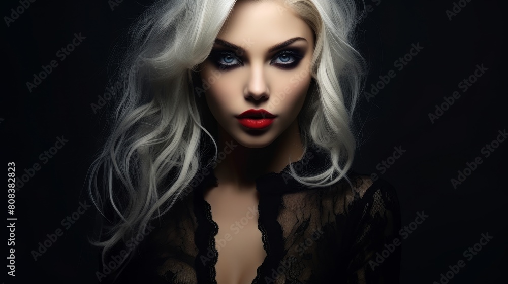 dramatic portrait of a woman with platinum blonde hair and bold makeup