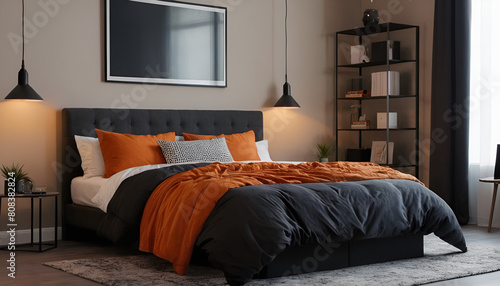 modern bed room with orange and black bedding in apartment