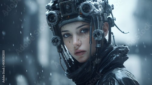 Futuristic cyborg woman in the snow