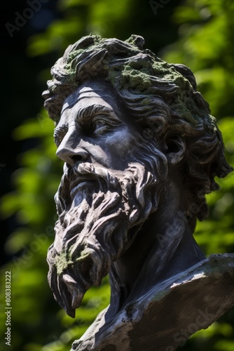 Weathered stone sculpture in a lush green setting