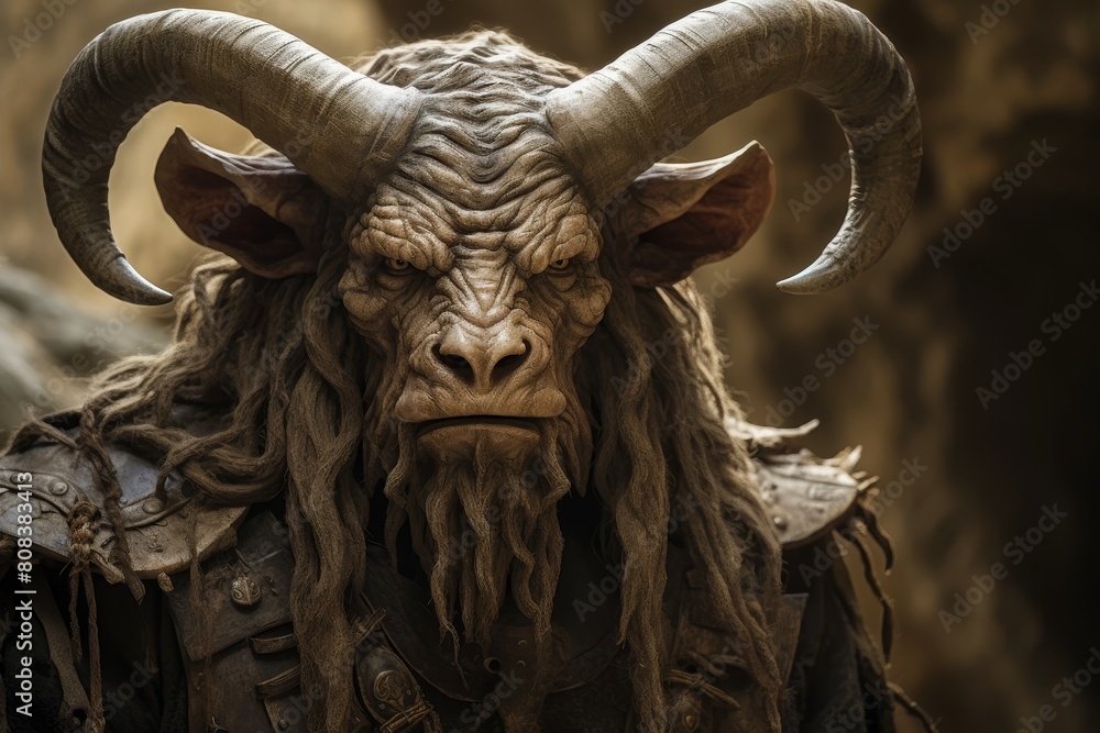 Fierce mythical creature with horns and beard Fierce mythical creature with horns and beard