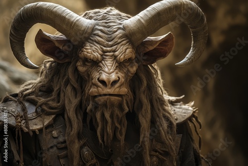 Fierce mythical creature with horns and beard