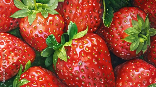 Watercolor of a close-up of bright  ripe strawberries with glistening seeds  the lush red fruit contrasting with vivid green leaves