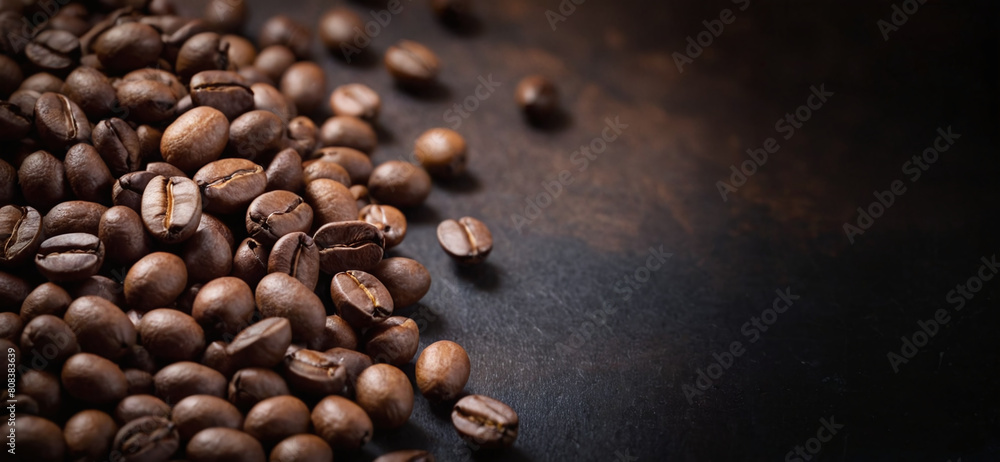 Coffee beans on dark background. Design for recipe content, restaurant menu, food blog, cookbook. Illustration with place for your text, copy space. Coffee beans on dark background. Design for recipe content, restaurant menu, food blog, cookbook. Illustration with place for your text, copy space.