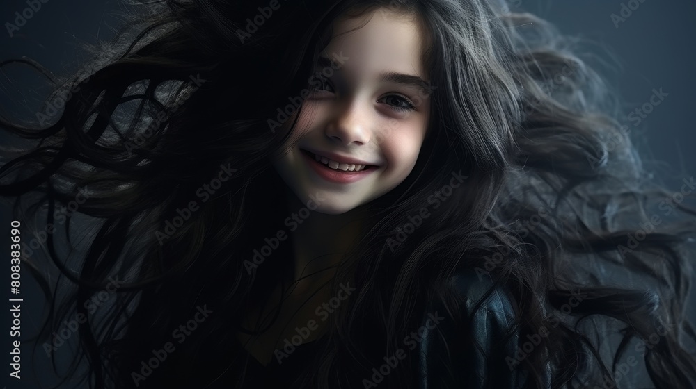 Smiling young girl with flowing dark hair