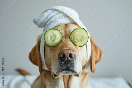 A dog with cucumber slices on its eyes, wearing a white towel around its head and sitting in front of a gray background. Spa for dogs. photo