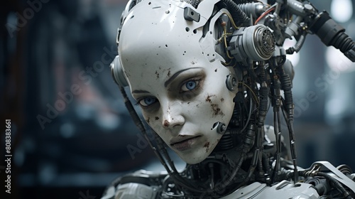 futuristic cyborg with piercing blue eyes