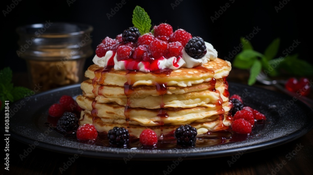 Delicious stack of pancakes with fresh berries and whipped cream Delicious stack of pancakes with fresh berries and whipped cream