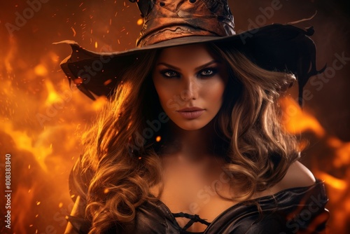 Mysterious witch with fiery background