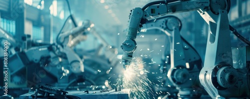 Portrait of a robot arm welding iron in a welding industrial factory