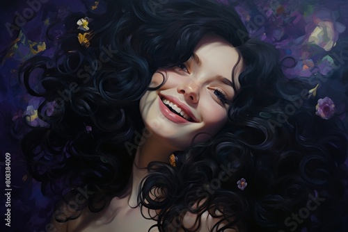 Smiling woman with curly black hair and flowers © Balaraw