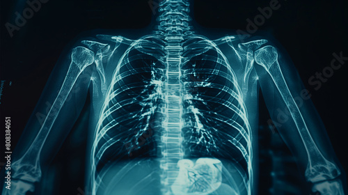  X-ray, soft blue on white background. Full spinal column, hands, chest, knee joint and skull