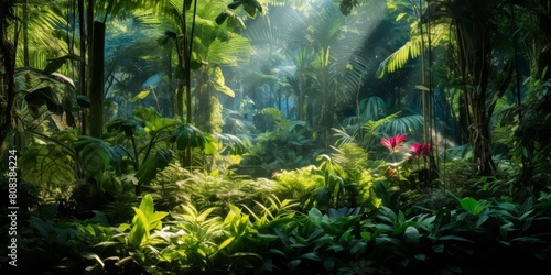 Lush tropical rainforest landscape with vibrant foliage and flowers