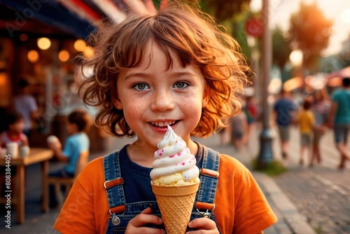 Smiling happy child holding ice cream, excited for cold treat