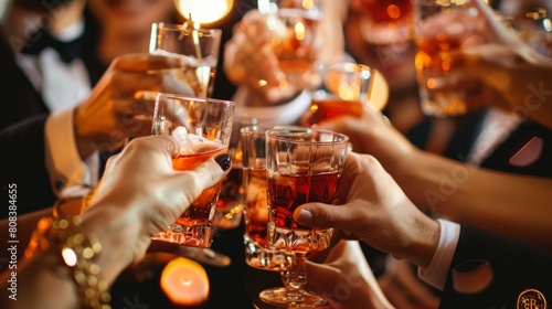 Group of people celebrating toasting with cocktails - cropped detail with focus on hands - lifestyle concept of people, drinks and alcohol