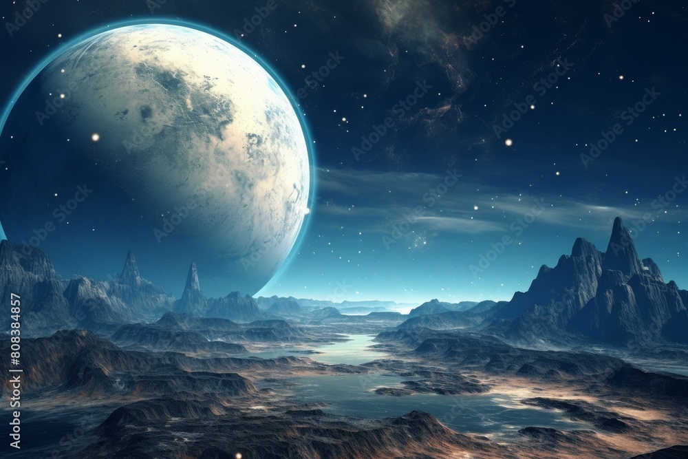 Alien landscape with giant moon in the night sky Alien landscape with giant moon in the night sky