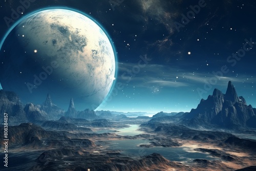 Alien landscape with giant moon in the night sky