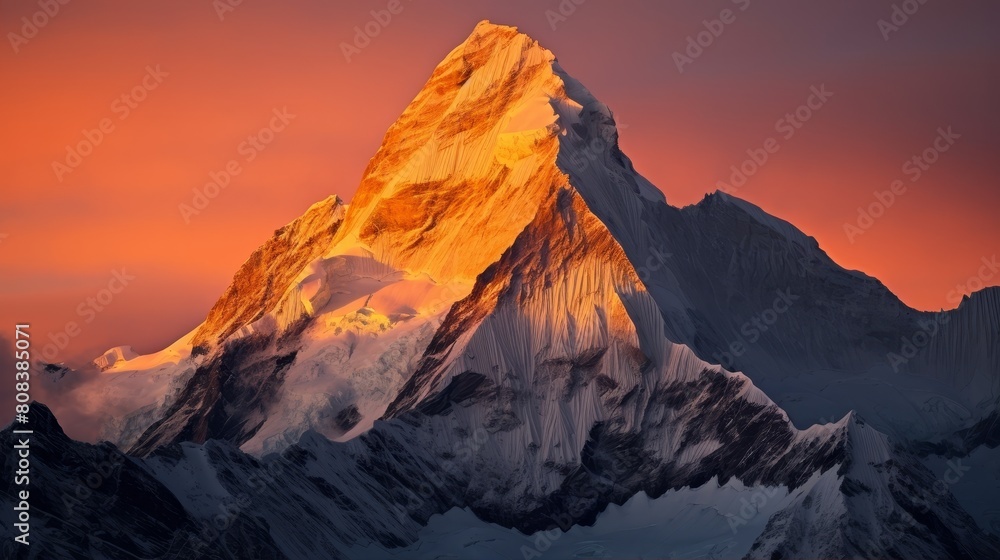 Majestic snow-capped mountain peak at sunset
