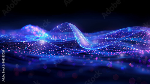 Sweeping Blue Neon Waves on Dark Background: High-Tech Digital Waveform for Modern Designs photo