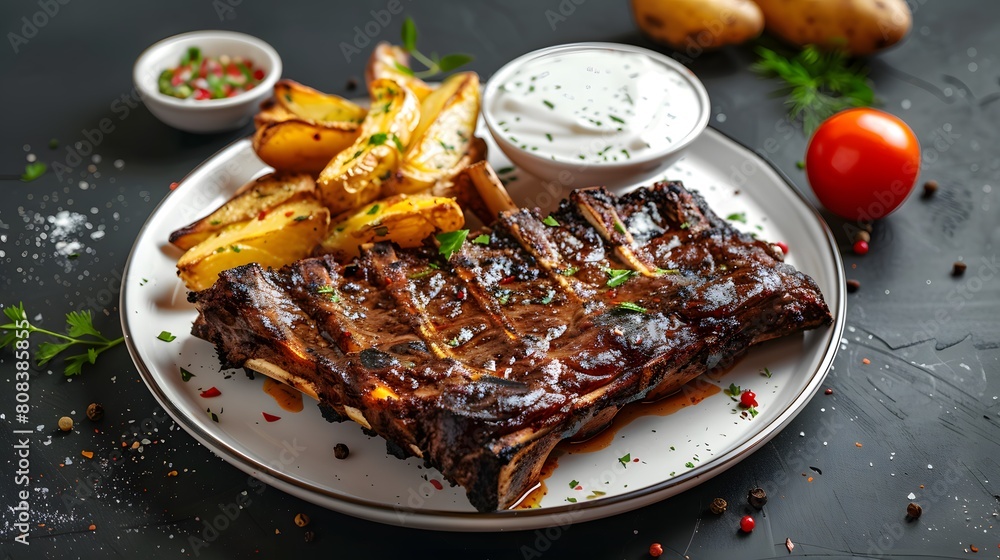 Grilled beef rib on bone on white plate with potato wedges on dark background
