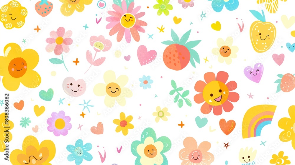a cute colorful background of flowers with faces, fruit, love hearts and rainbows. With pastel tones and white background a cute colorful background of flowers with faces, fruit, love hearts and rainbows. With pastel tones and white background