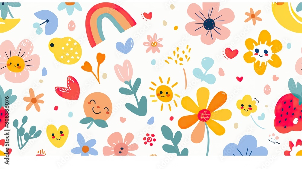 a cute colorful background of flowers with faces, fruit, love hearts and rainbows. With pastel tones and white background