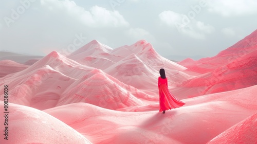 A woman walking on pink mountains in a red dress with a light grey sky, ethereal dreamy landscape, minimalist stage design, oriental. Surreal fashion photo