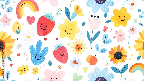 a cute colorful background of flowers with faces  fruit  love hearts and rainbows. With pastel tones and white background
