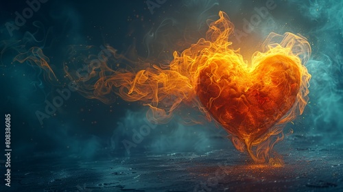Fiery heart burning intensely with blue and orange flames photo