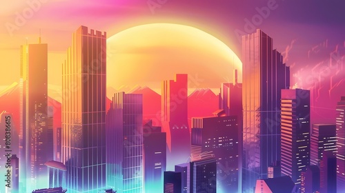 retro sunset over a futuristic city skyline with bright colors and a hazy glow