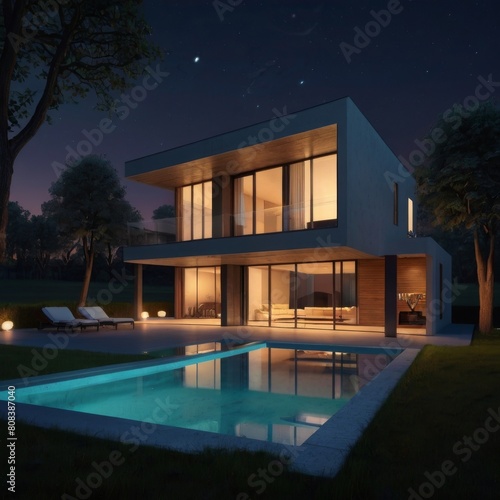 Modern House 3D Night Model © De Lune Studio